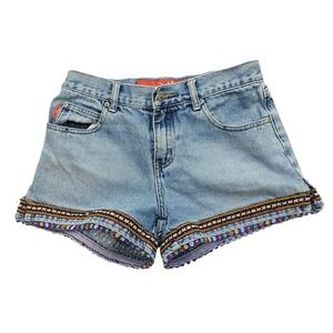Outlaw Shorts Junior 1 Blue Denim Floral Beaded Aztec Trim Hot Pants Hippie Boho